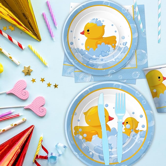 APOWBLS Rubber Duck Decorations Tableware - Bubble Bath Rubber Duck Party Supplies For Baby Shower Birthday, Paper Plate, Napkin, Tablecloth, Disposable Fork | Serves 24