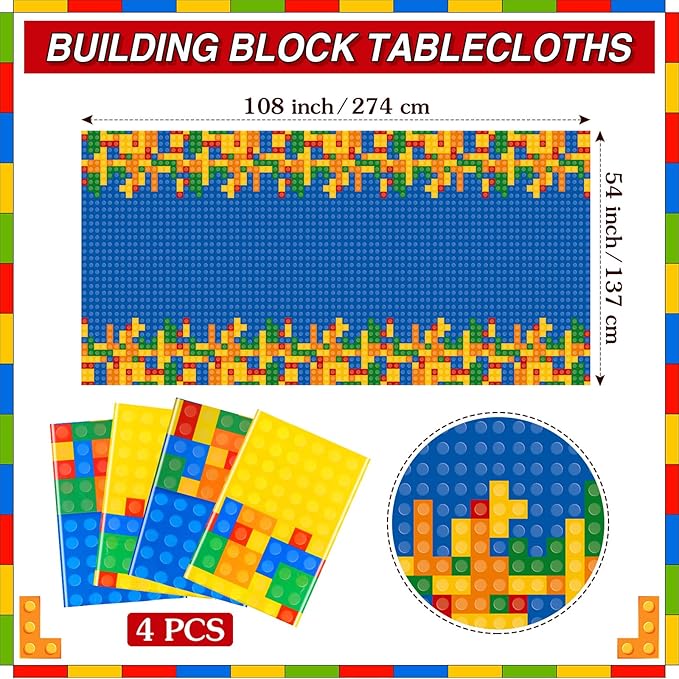 Oudain 2 Pcs Building Block Tablecloths Colorful Building Blocks Birthday Party Decorations 54 x 108 Inch Disposable Plastic Brick Table Cover Waterproof Brick Themed Party Supplies (Yellow,Blue)