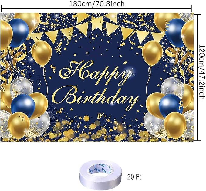 Blue Gold Birthday Party Backdrop Blue Gold Happy Birthday Banner Photography Background for Home Decorations Party Supplies 70.8 x 47.2 Inch