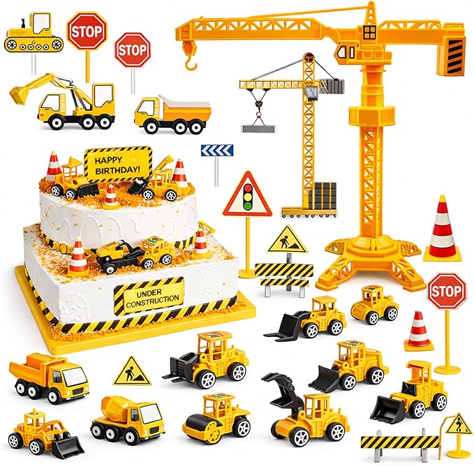HERCOCCI 25Pcs Construction Cake Topper, Excavator Tower Cupcake Topper Bulldozer Backhoe Traffic Road Sign Cake Decor Vehicles Decorations Construction Birthday Party Supplies