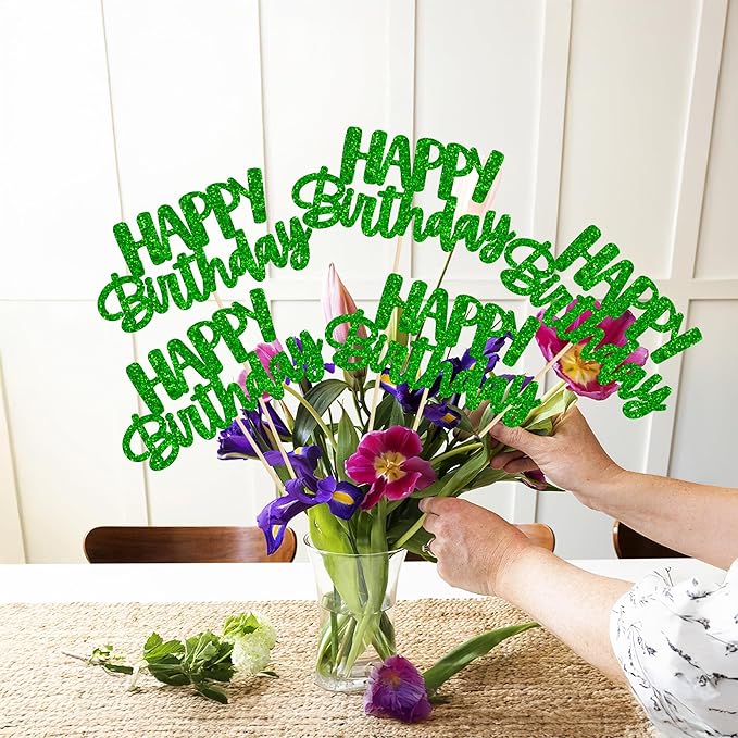 Gyufise 12Pcs Happy Birthday Centerpieces Sticks Double Sided Glitter Birthday Party Decorations Anniversary Table Flower Centerpiece for Celebrating Party Supplies Green