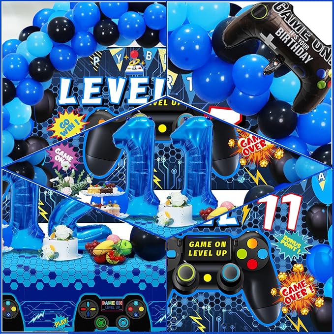 Vlipoeasn 90PCS Video Game Party Decorations for Boys Set Blue - 11th Birthday Supplies - Video Game Backdrop, Balloons, Tablecloth, Gamer and Foil Balloons