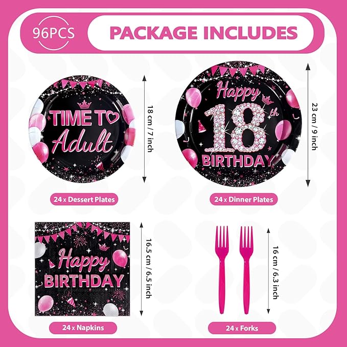 96Pcs 18th Birthday Party Supplies Black and Hot Pink Plates Forks and Napkins Diamond Sweet Theme Disposable Paper Tableware Set for Girls 18 Year Old Birthday Party Supplies Serves 24