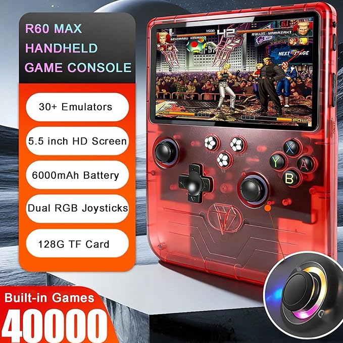 RegiisJoy R60 MAX 40000 in 1 Handheld Game Console, 5.5 Inch IPS Screen Retro Gaming Consoles Main Emulators, Portable Mini Pocket Arcade 6000mAh Battery,128G TF Card, RGB Joysticks