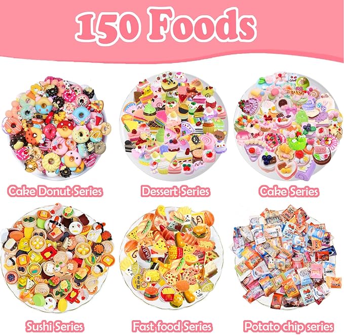 250Pcs Mini Food Miniatures Food Drinks Bottles Toys Doll House Accessories 1:12 Playset Kitchen Game Pretend Play Party Mini Things Stuff Tiny Baking Micro Hamburger Ice Cream Cake Bread