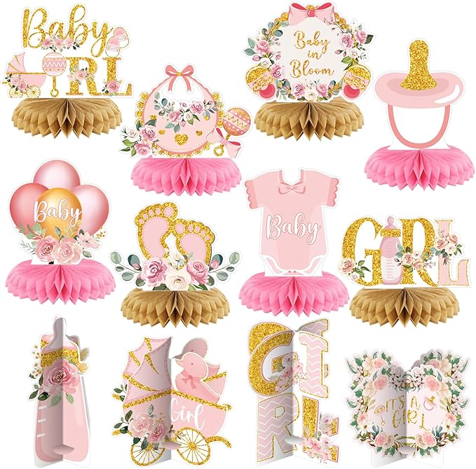 Pickmesh 12 Pieces Pink Gold Girls Baby Shower Decorations Honeycomb Centerpieces Pink Flower Bottles Balloons Carriages Baby Shower Table Decorations Table Topper for Gender Reveal Party Supplies