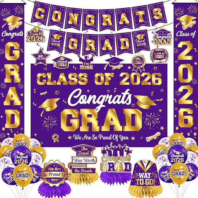 Graduation Decorations Class of 2026 Purple and Gold Graduation Party Decor Set include Congrats Grad Banner Backdrop Class of 2026 Balloons Party Supplies