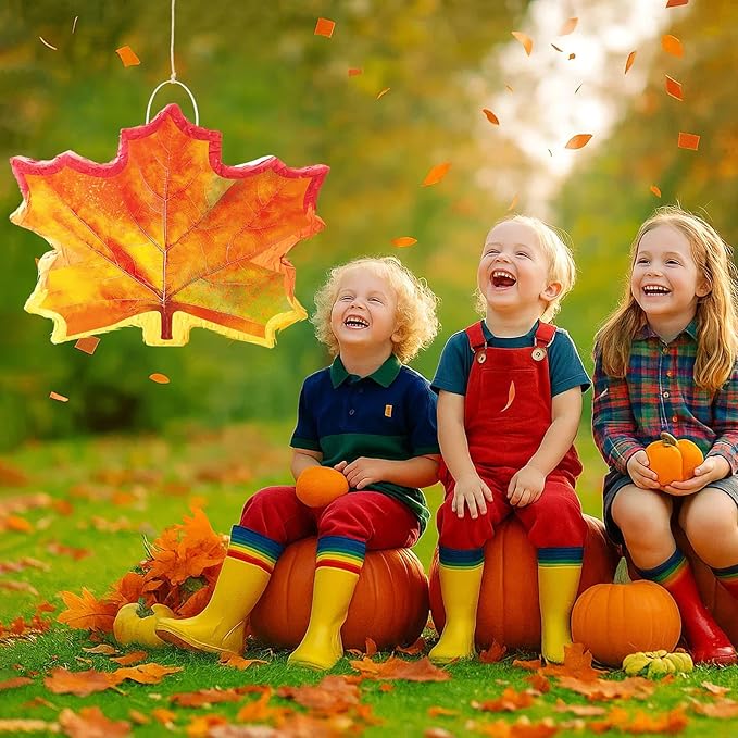 WERNNSAI Fall Leaf Piñata - Maple Leaf Piñata Thanksgiving Party Games for Kids Orange Autumn Hanging Leaves Decor Fall Festival Thanksgiving Family Party Favors with Blindfold