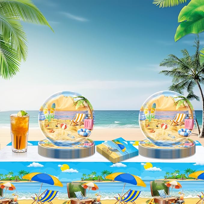 41pcs Summer Beach Party Supplies ,include 20pcs Dessert Plates, 20pcs Napkin and 1pcs Tablecloth,Used for Summer Beach Birthday Party Decoration