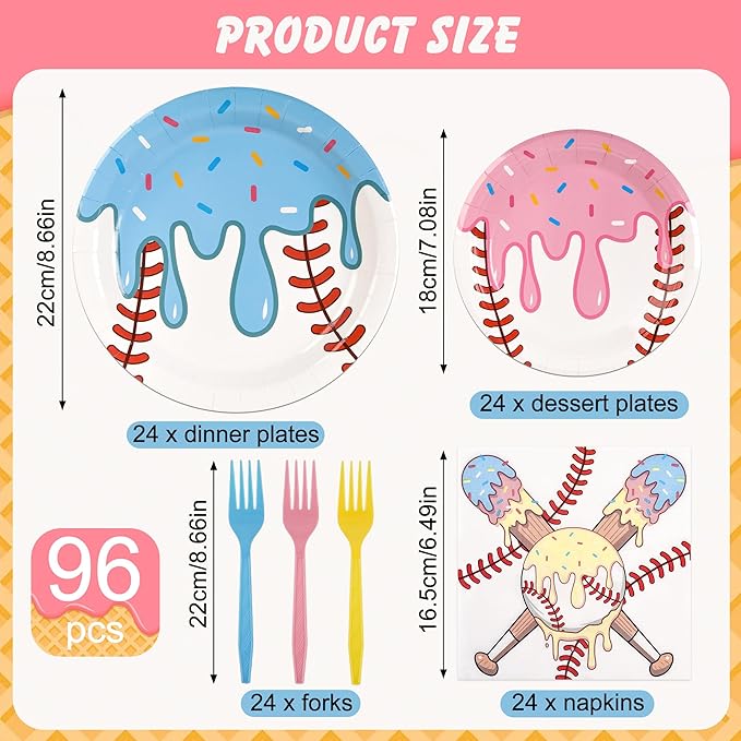 96 Pcs Baseball Ice Cream Drip Party Supplies Disposable Tableware Set Include Baseball Paper Plates and Napkins Plastic Forks for Sports Theme Birthday Decorations, Serve 24 Guests