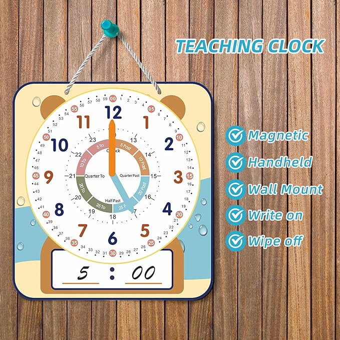 Large 12" Magnetic Writable Dry Erase Teaching Clock with Cute Style, Teaching Demonstration Clock for Kids Learning Practice Time for Home School Classroom Supplies (12" x11"-Beige)