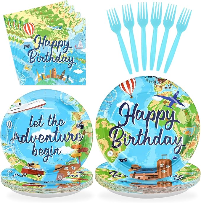 96Pcs Adventure Awaits Birthday Decorations Let The Adventure Begin Plates and Napkins Travel Theme Birthday Decor for Kids Boys World Map Graduation Travel Bday Baby Shower Party Supplies Serves 24