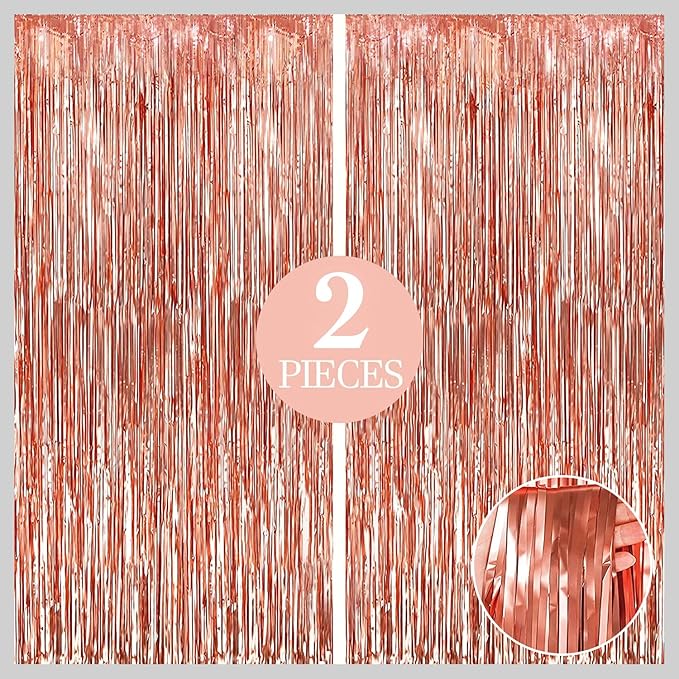 KatchOn, Rose Gold Fringe Curtain - Pack of 2 | Rosegold Backdrop for Anniversary, Wedding, Bachelorette Party Decorations| Fringe Backdrop for Rose Gold Birthday Decorations