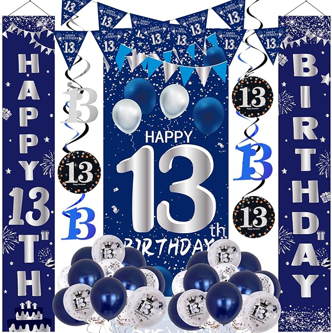 13th Birthday Decorations for Boys Girls, Navy Blue Happy 13th Birthday Door Banner Sign, 13 Years Old Party Supplies Teenagers Bday Backdrop Balloons Hanging Decors