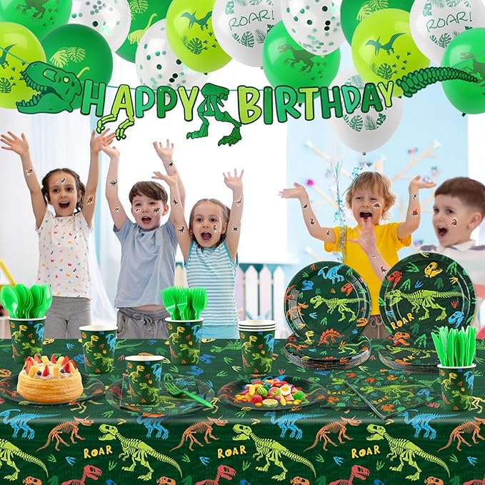 208pcs Dinosaur Birthday Party Decorations For Boys, Dinosaur Themes Birthday Party Supplies Serve 20 with Disposable Plates,Napkins,Cups,Cutlery Set, Banner,Tablecloth,Cake Topper,Ballons,Stickers