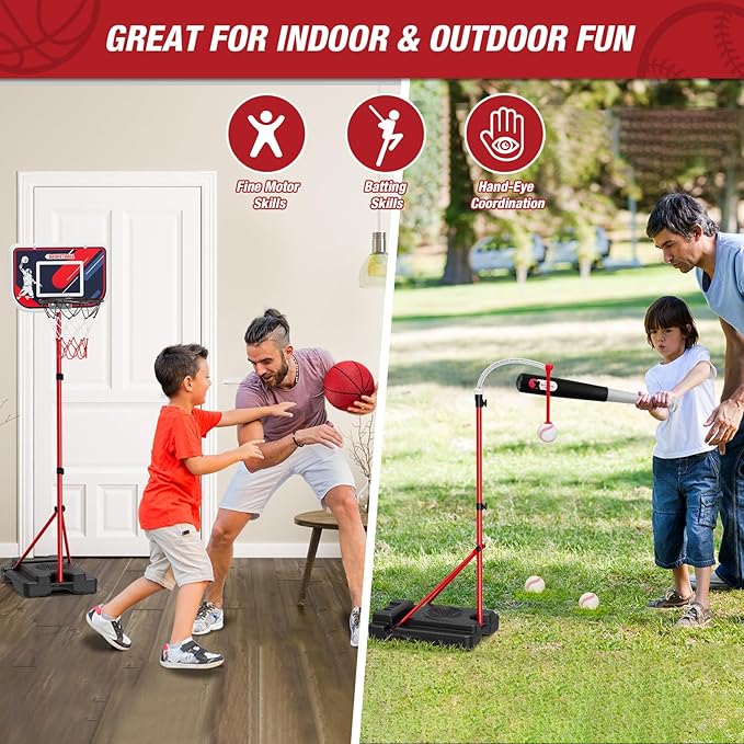 4 in 1 Kids Basketball Hoop and Tball Set for Toddlers 3-5, Adjustable Hanging Tee Ball Stand with Automatic Baseball Pitching Machine, Indoor Outdoor Sport Toys Birthday for Boys