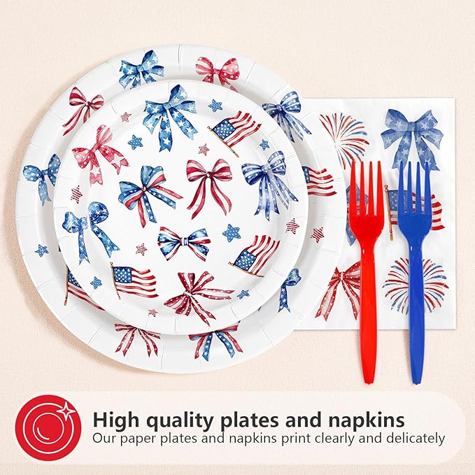 96Pcs Red White and Blue Birthday Decorations Patriotic Plates and Napkins Disposable Blue and Red Bows Decor Paper Tableware for Girls Happy Birthday Presidents Day Party Supplies Serves 24
