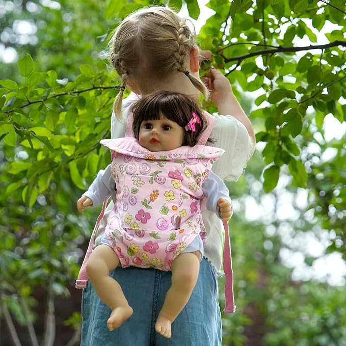 GAGAKU Baby Doll Carrier for Little Girls, Doll Accessories for Toddlers 1-3, Kids Toy Baby Dolls Sling Carrier - Pink - Moonflower