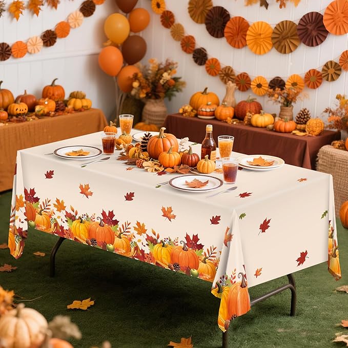Thanksgiving Tablecloth, 3PCs Fall Tablecloths 54” x 108” Plastic Disposable Tablecloth Autumn Maple Leaf Party table Cover for Friendsgiving Fall Party Table Decorations Thanksgiving Table Decor