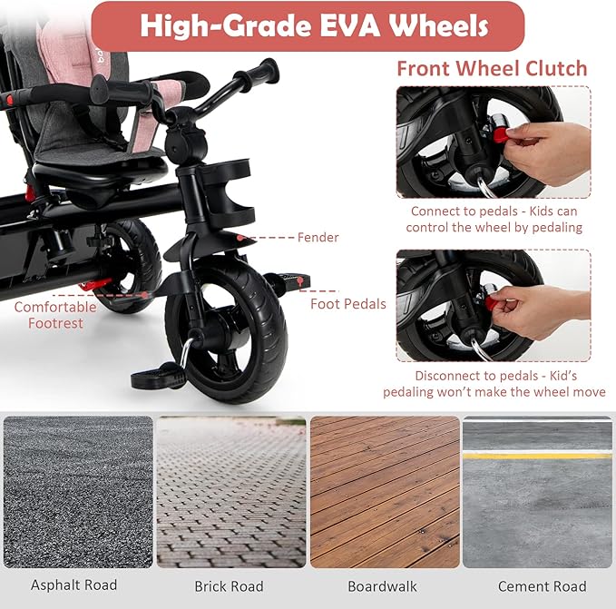 BABY JOY Tricycle, 5 in 1 Toddler Bike W/Removable Push Handle, Reversible Seat, EVA Wheel, Adjustable Canopy, Cup Holder & Storage, Ideal for Kids 1.5-5 Years Old, Tricycle for Toddler (Pink)