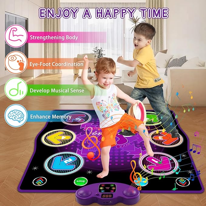 Kids Dance Mat Toy with 2 Gesture-Sensing Wristbands - Wireless Bluetooth Light-Up 6-Key Electronic Dance Pad, 6 Games & Music Modes, Birthday Gift for Girls Boys