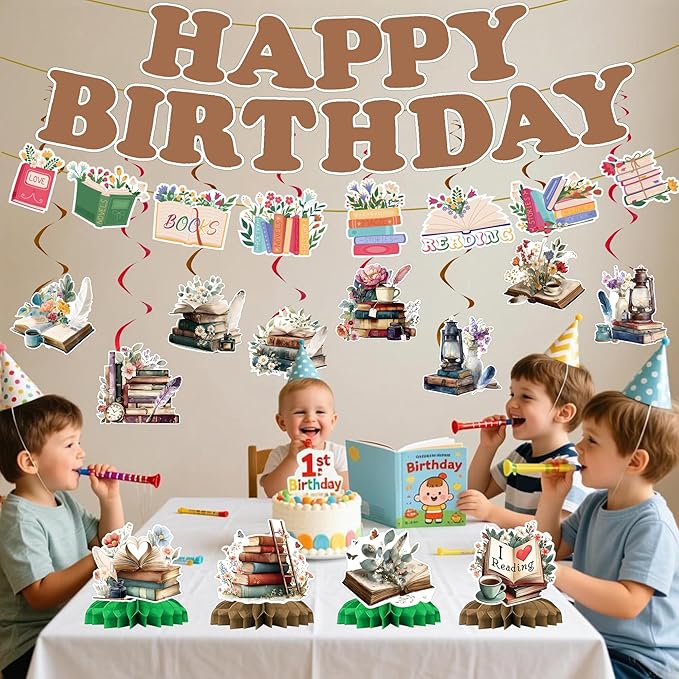 Book Birthday Party Decorations Banner - 15 Pcs One For The Books Birthday Theme Banner Garland Swirls Storybook Honeycomb Centerpieces Table Decor For Reading Library Club Book Party Supplies