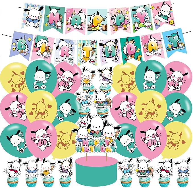 Pochacco Themed Birthday Party Supplies - Kawaii Pochacco Balloons, Cupcake & Cake Toppers