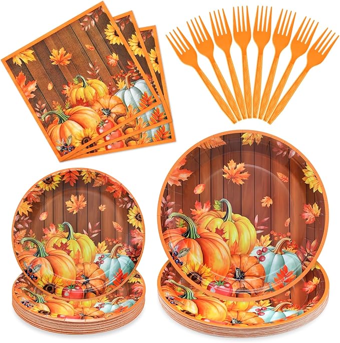 96 Pieces Thanksgiving Pumpkin Tableware Set Party Supplies - Rustic Wood Grain Disposable Dinnerware with Paper Plates, Napkins, Forks for Fall Harvest, Friendsgiving, and Thanksgiving Dinner