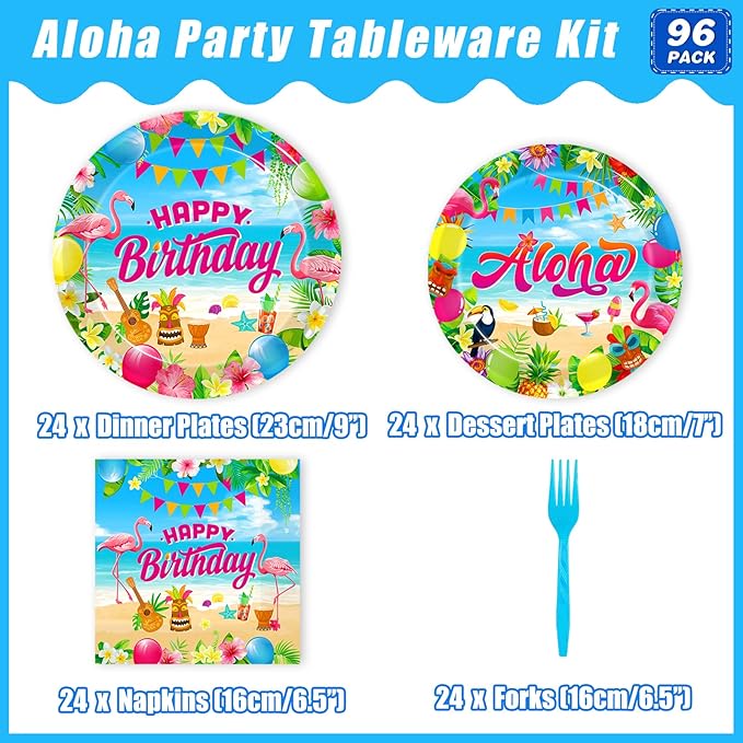 96 Pcs Hawaiian Aloha Party Decorations Supplies, Luau Tropical Birthday Party Plates Summer Beach Holiday Party Paper Plates Napkins Tableware Disposable Dinnerware Set , Serves 24