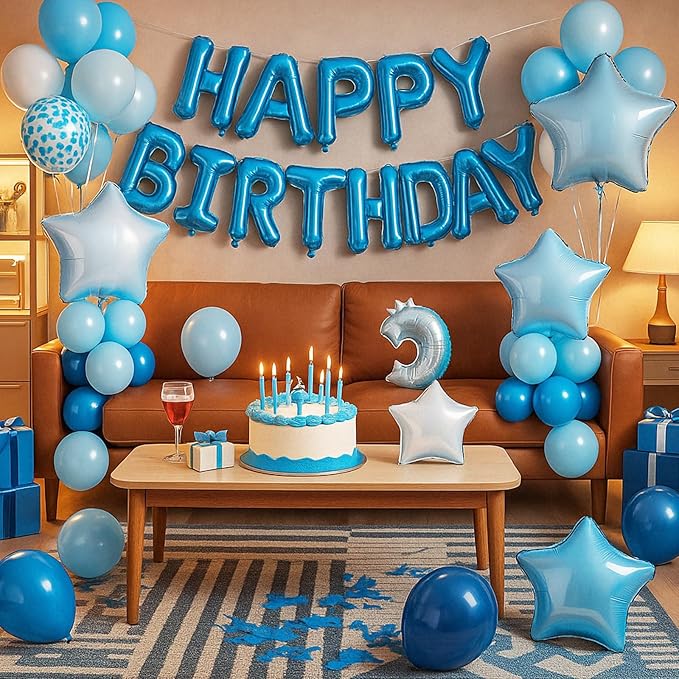 29PC Light Blue Happy Birthday Balloon Banner, 16 Inch 3D Letter Banner Sign, Light Dark Blue White Confetti Balloons 18 Inch Star Heart Foil Balloons for Kids, Men, Boys Party Decorations
