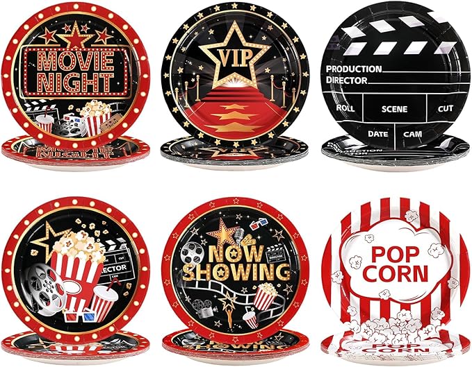 Grencian 60 Pcs Movie Night Paper Plates 9" Disposable Heavy Duty Now Showing Theater Dessert Paper Plates Movie Theme Tableware Set for Film Action Light Camera Red Carpet Birthday Party Decorations