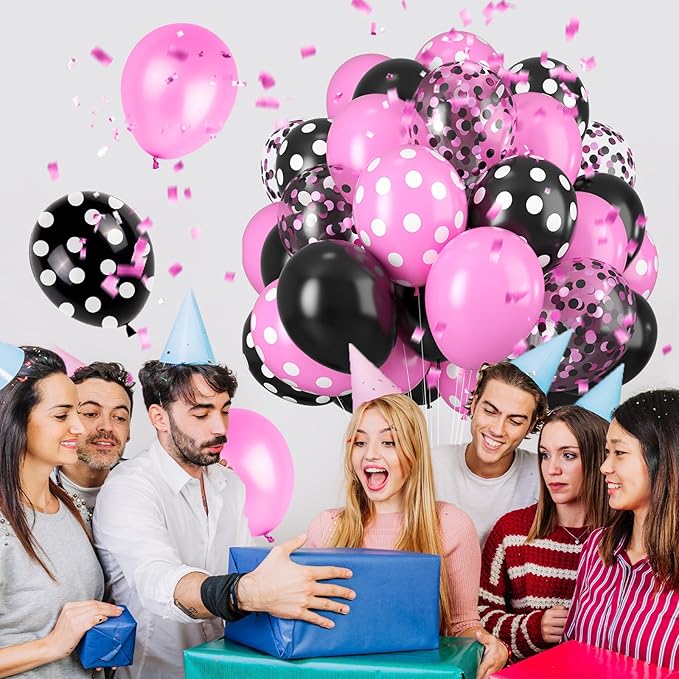 Pink and Black Balloons Set, 12 Inch Black Dots Birthday Balloon, Pink Latex Ballons Confetti Helium Balloons for Girls Theme Birthday Bridal Party Supplies