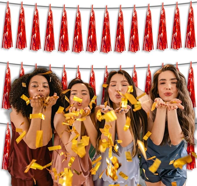 3P Metallic Fringe Tassel Banner Garland Foil Tinsel Streamer Wall Hanging Curtain Backdrop Banner for Parade Floats,Graduation Decorations, Wedding Party Decoration(Red)