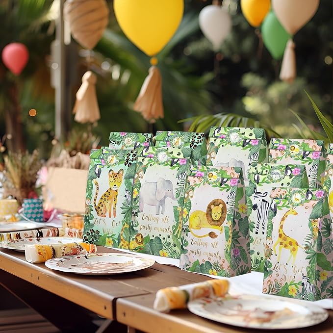 Watercolor Safari Party Favor Bags - 24 Pcs Jungle Party Candy Bags with Stickers - Jungle Goodie Gift Treat Bags - Watercolor Safari Themed Birthday Party Supplies