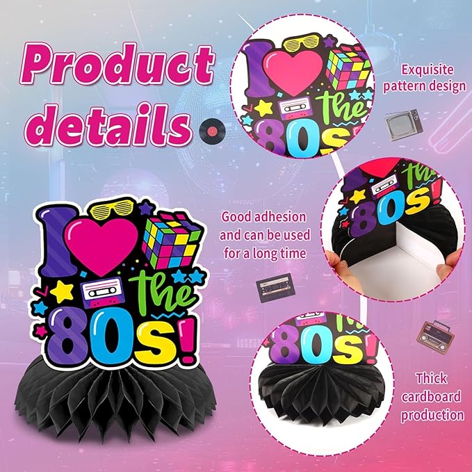 10 Pcs 80s Party Decorations, 1980s Table Honeycomb Centerpieces Back to the 80s Decor for Retro Party Photo Props Birthday Wedding Anniversary Favors Supplies