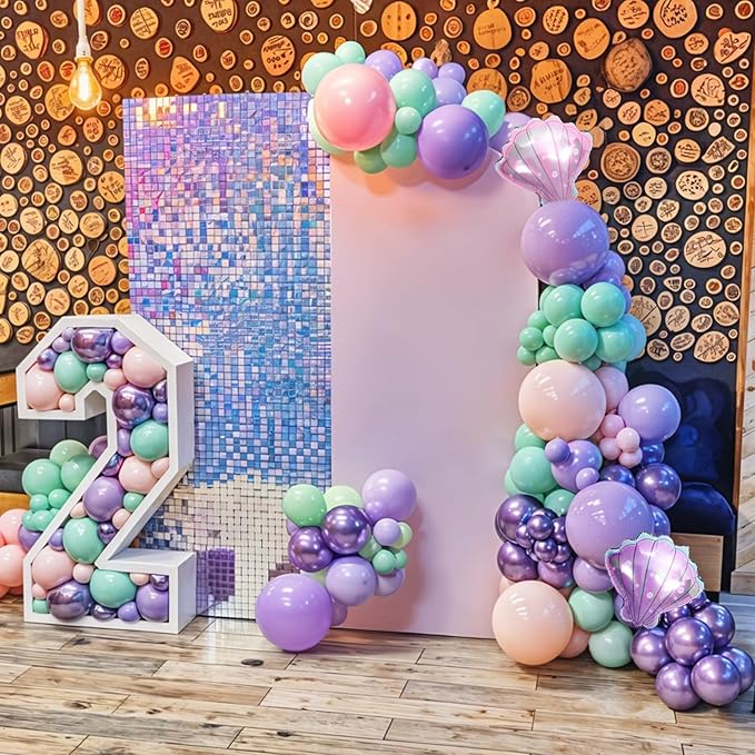 Mermaid Balloons, Macaron Pink Purple Green Metallic Balloons with Seashell Balloon for Girl Birthday Party Decorations Sea Theme Baby Shower Party Backdrop Supplies