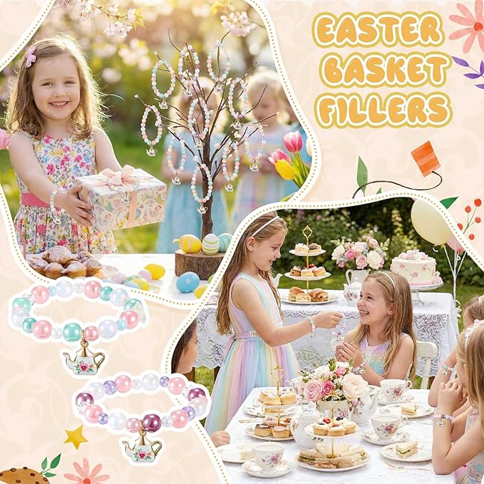 Ecally 36 Pcs Tea Party Favors Bracelet Gift Tea Pot Beaded Bracelet Bulk Party Supplies Pot Pendant Accessories Decorations for Kids Girl