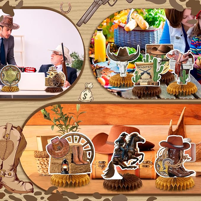 12 Pcs Cowboy Western Party Decorations Wild West Honeycomb Centerpieces for Tables Cowboy Rodeo Centerpieces 3D Western Theme Birthday Party Supplies