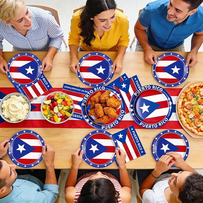 96Pcs Puerto Rico Flag Party Supplies Puerto Rico Flag Plates Disposable Red White Blue Paper Tableware Set for Rican Fiesta Birthday Party National Day Cultural Celebrations, Serves 24