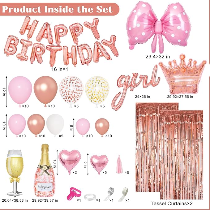 Ouddy Life Rose Gold Birthday Decorations for Women Girls, Happy Birthday Champagne Bottle Crown Heart Bow Foil Confetti Balloons Fringe Curtains Paper Tassel for 16th 18th 21st 24th Birthday Decor