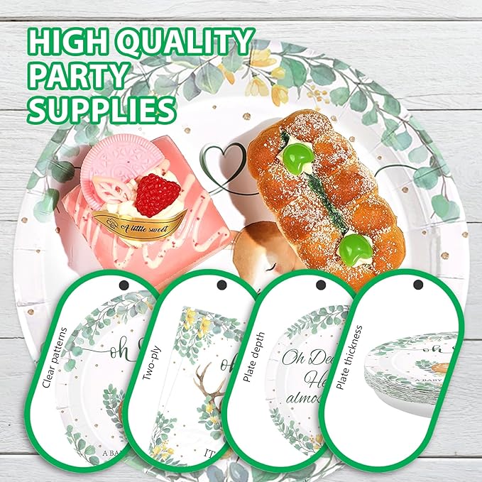 96Pcs Oh Deer He's Almost Here Baby Shower Party Supplies Green Deer Plates and Napkins Woodland Animal Tableware Set for Boy Animal Baby Shower Gender Reveal Party Supplies，Serves 24