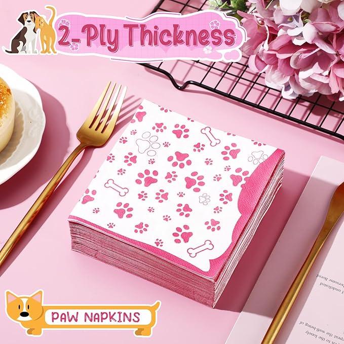 CHENGU 100 Pieces Paw Print Napkins 2 Layers Paw Print Party Supplies Farm Animal Party Napkins for Animal Themed Birthday Western Part, 5 x 5 Inch(Pink)