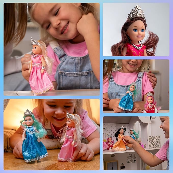 TOMLEON Princess Dolls Playset – 6 Mini Princess Dolls with Colorful Gowns, Crowns & Jewelry – Fantasy Role Play Set for Kids with Elegant Dresses, Accessories & Royal-Themed Box – Gift for Ages 3+