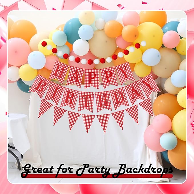Set of 4 Red Gingham Happy Birthday Banner Plaid Checkered Pennant Banner Decorations Felt Ball Happy 1st Birthday Garland for Gingham Party Supplies