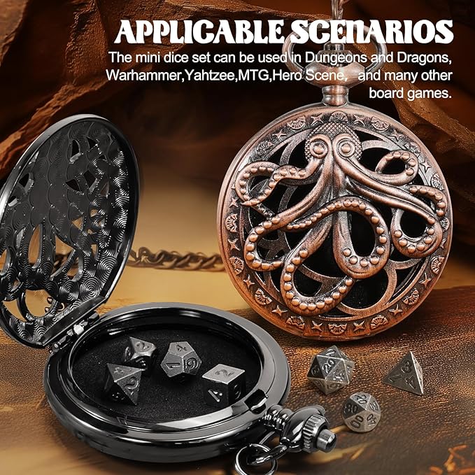 D&D Dice Set,7PCS Metal Dice for Dungeons and Dragons,Mini Dice Set with Pocket Watch Case,Role Playing Board Games Accessories (Octopus, Black)