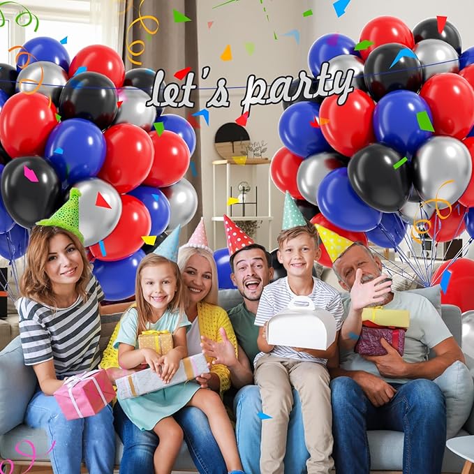 60pcs Spider Theme Balloons, Black Silver Red and Blue Balloons for Baby Shower Spider Theme Birthday Party Decorations