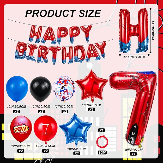 Cartoon Hero 40 Inch Red and Blue Spider Theme Number Foil Birthday Decoration Balloon, Spider Theme Happy Birthday Banner Party Decoration Balloon, Letter Logo Superhero Party Supplies (7)