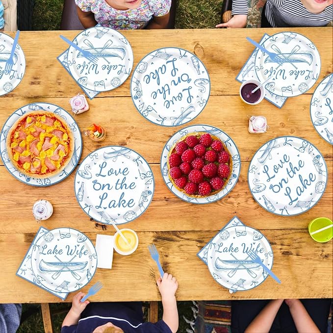 96Pcs Happy Engagement Party Decorations ﻿Dusty Blue Wedding Decor Plates and Napkins Disposable Love on the Lake Engagement Themed Tableware for Girls Bridal Shower Wedding Party Supplies Serves 24