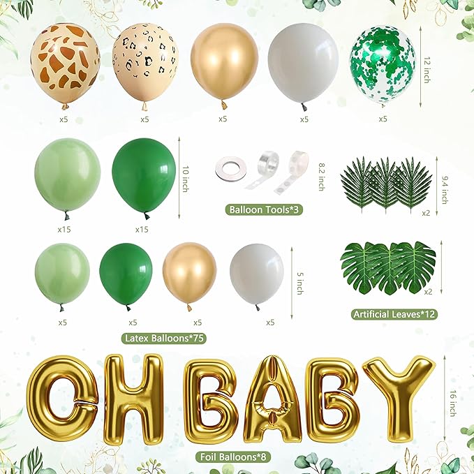 Safari First Birthday Decorations for Boy - 116 Pcs Wild One Birthday Decorations Jungle Theme Party Supplies with Balloon Arch Kit, Wild One Backdrop, Tablecloth and Baby Boxes (Green)