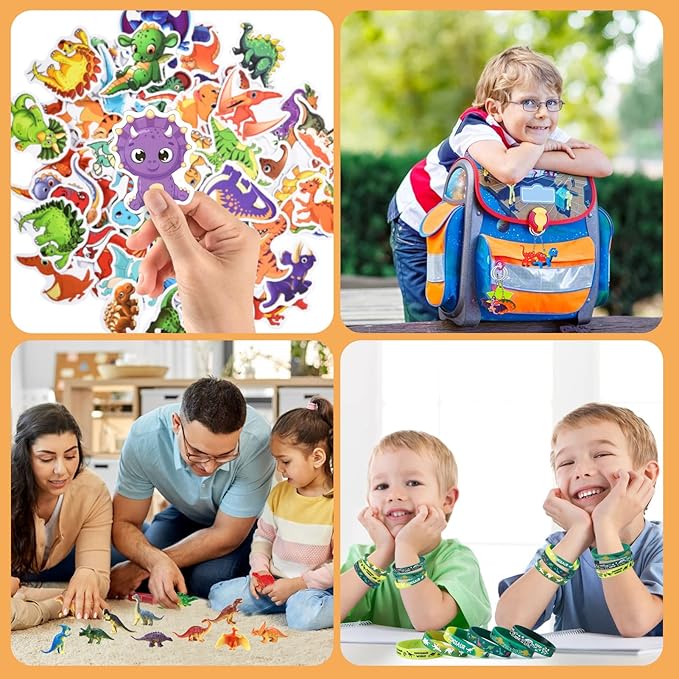 Winrayk 132Pcs Dinosaur Party Favors Dino Birthday Supplies Kids, Mini Dinosaur Figure Bracelet Stamper Glow Sticker Keychain Ring Cartoon Sticker, Pinata Filler Goodie Bag Stuffer Dino Party Favors